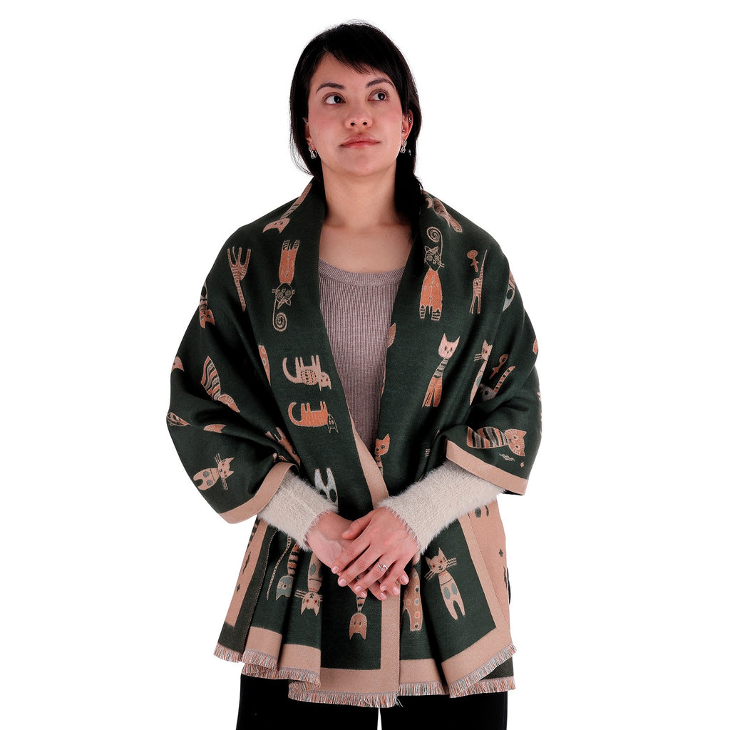 Chal de Cachemira, Knitted Cats Verde, Miow