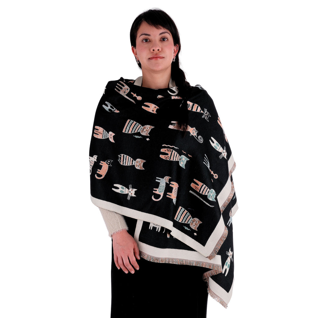 Chal de Cachemira, Knitted Cats Negro, Miow