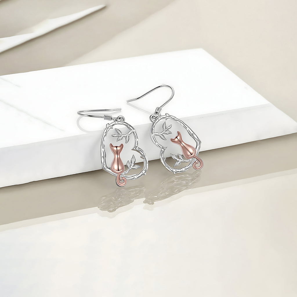 Aretes de Plata .925, Cat Branch Heart, Miow