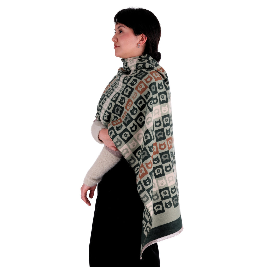 Chal de Cachemira, Serial Cats Verde/Beige, Miow