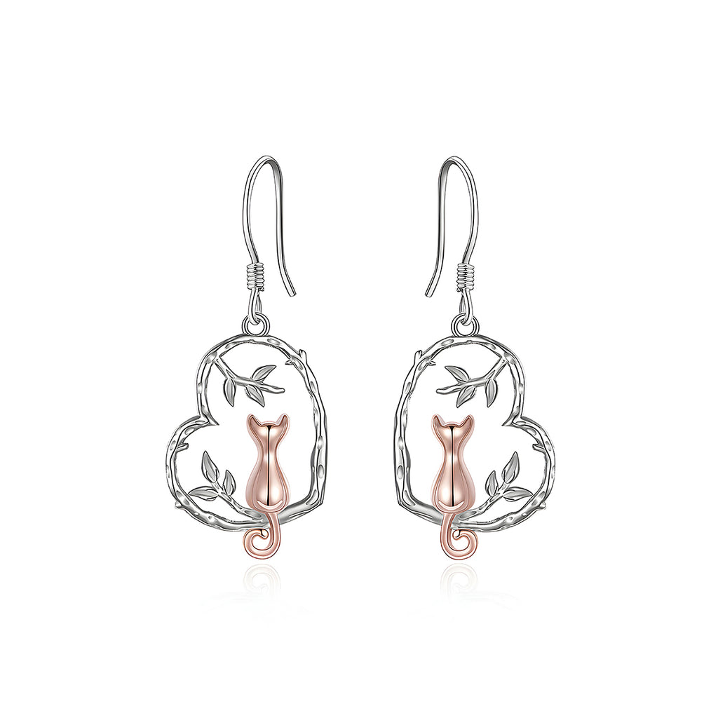 Aretes de Plata .925, Cat Branch Heart, Miow