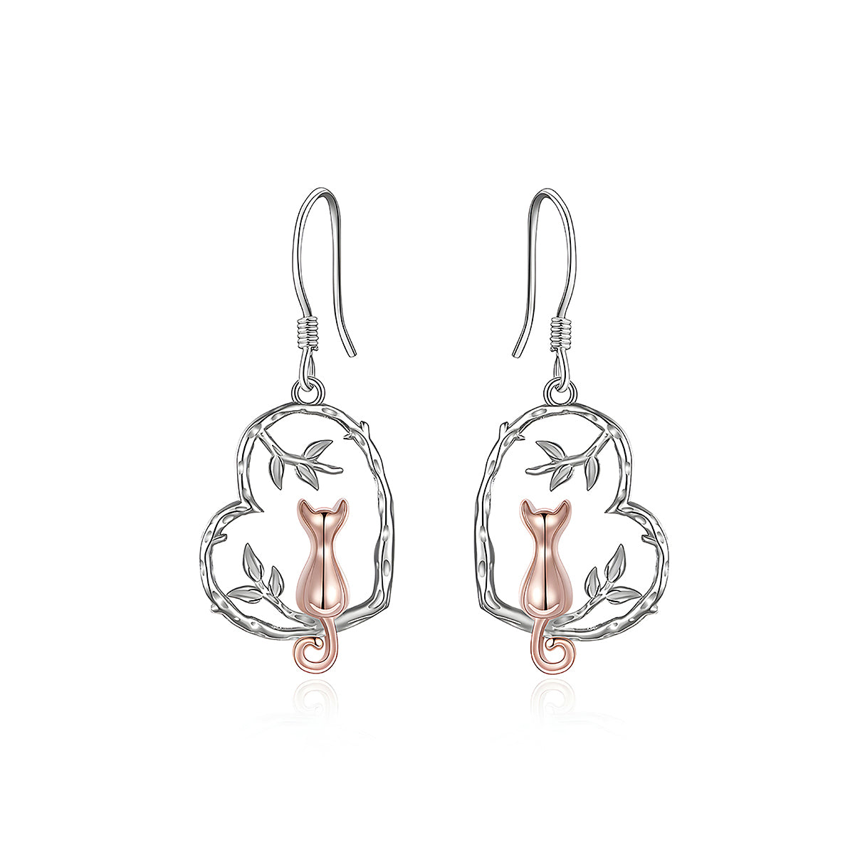 Aretes de Plata .925, Cat Branch Heart, Miow
