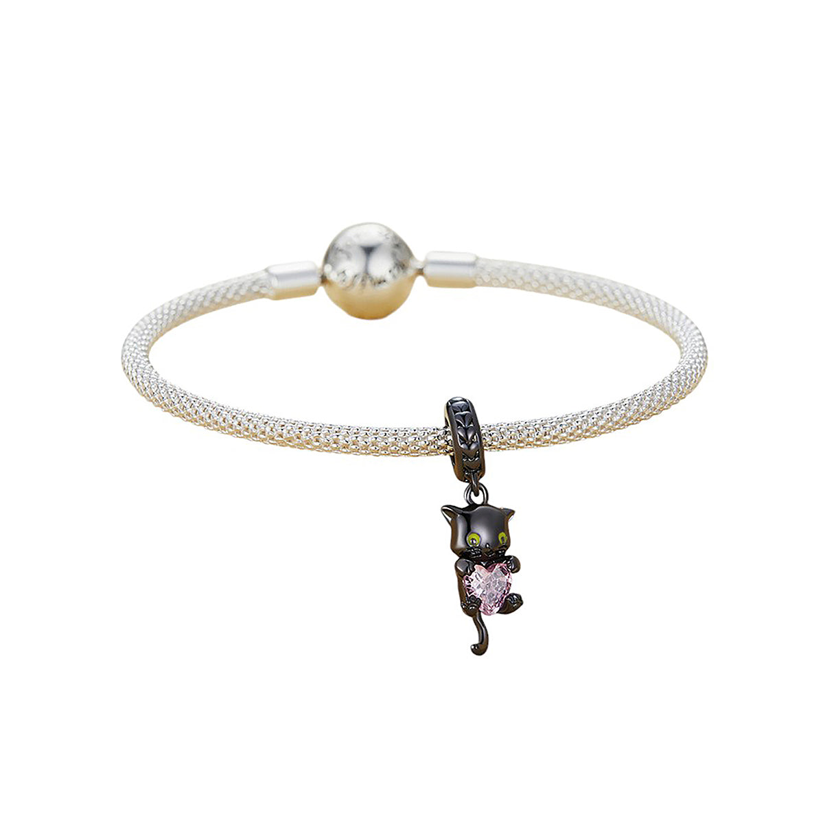 Charm de Plata .925, Pink Heart Kitten, Miow