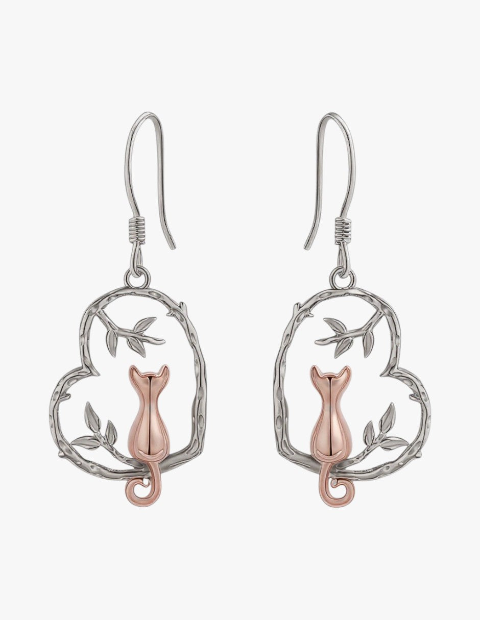 Aretes de Plata .925, Cat Branch Heart, Miow