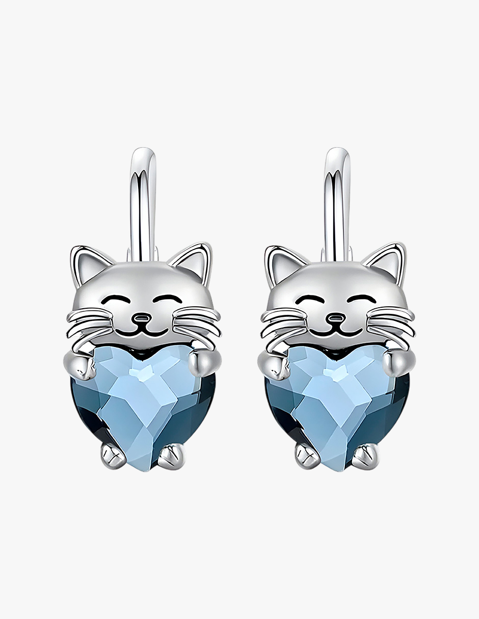 Aretes de Plata .925, Blue Heart Cat, Miow