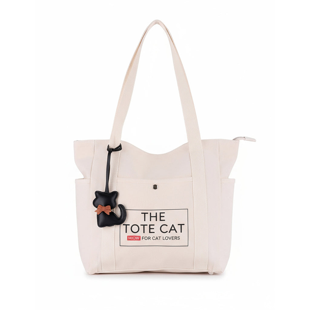 Tote Bag - The Tote Cat Miow En Lona Natural Beige