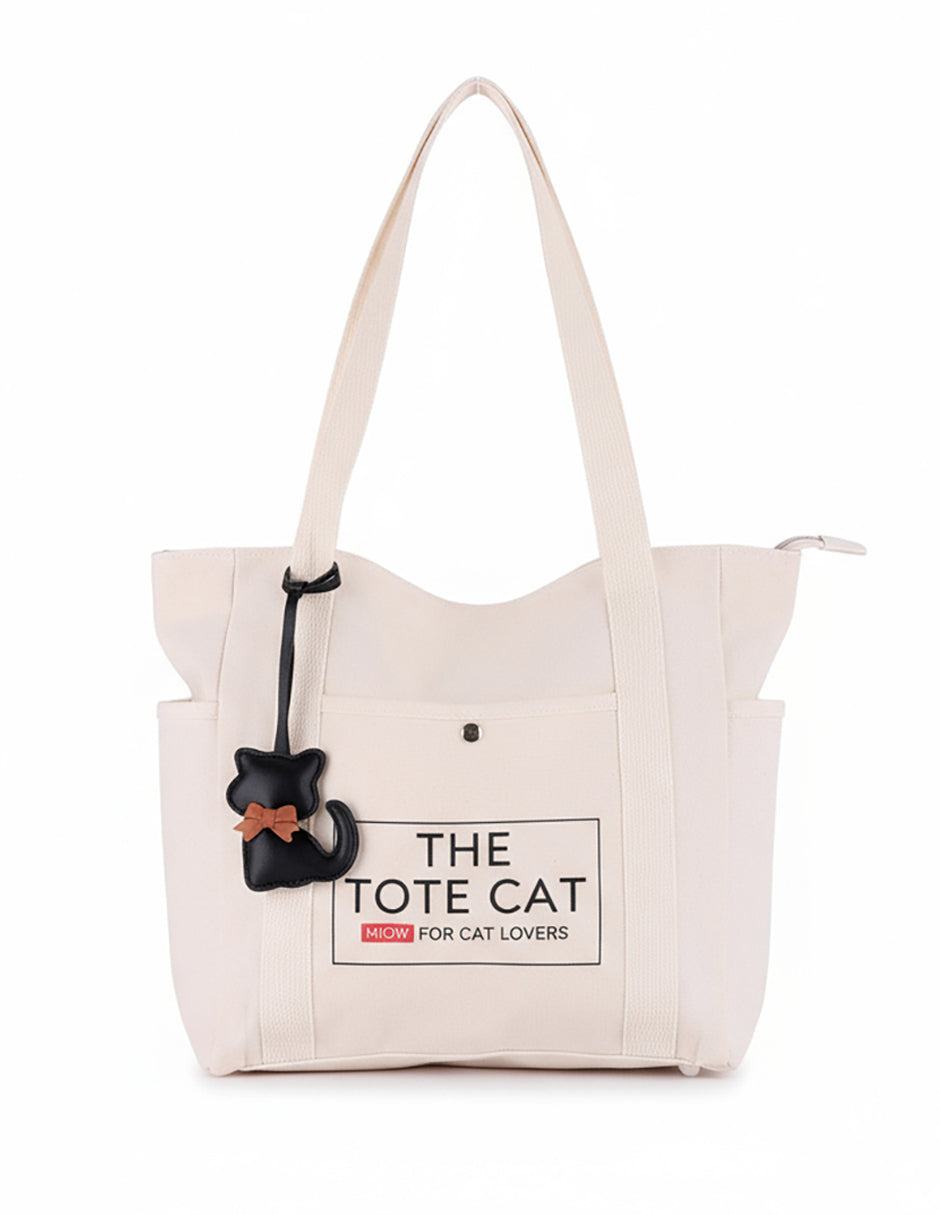 Tote Bag - The Tote Cat Miow En Lona Natural Beige
