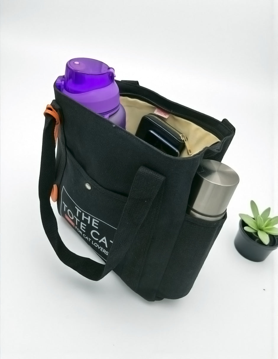 Tote Bag - The Tote Cat Miow En Lona Natural Negra