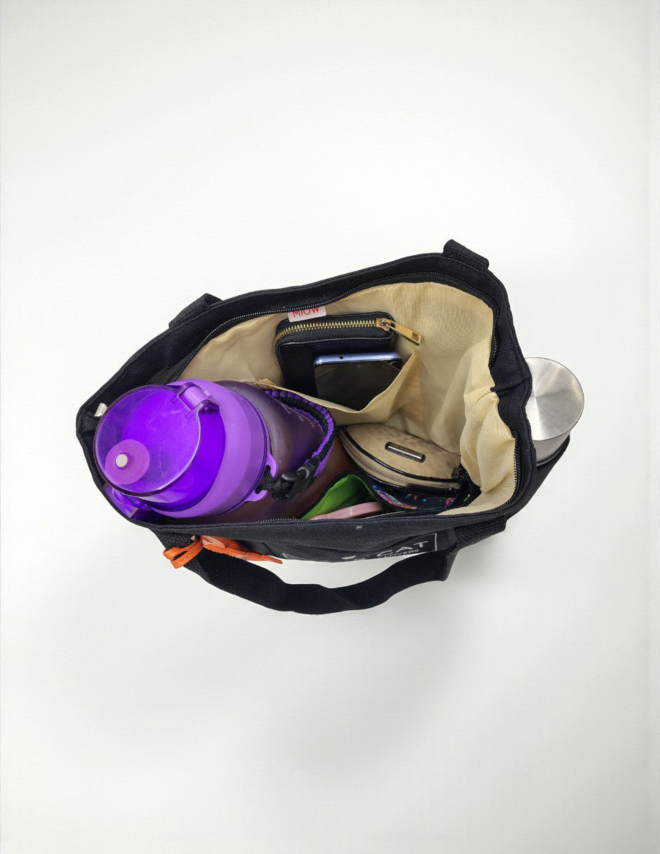 Tote Bag - The Tote Cat Miow En Lona Natural Negra