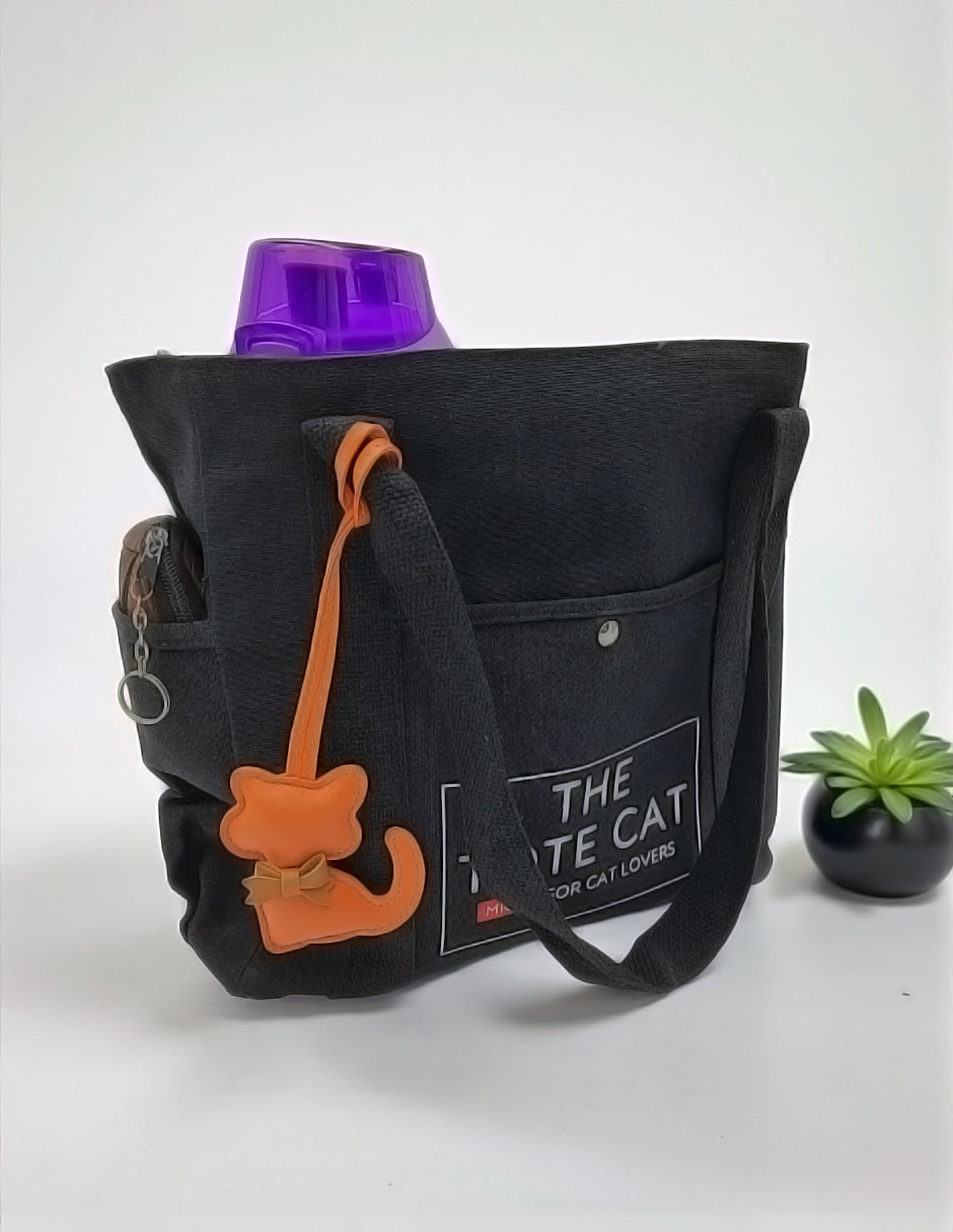 Tote Bag - The Tote Cat Miow En Lona Natural Negra