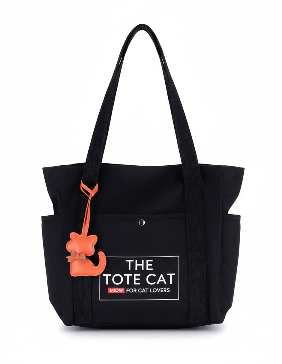 Tote Bag - The Tote Cat Miow En Lona Natural Negra