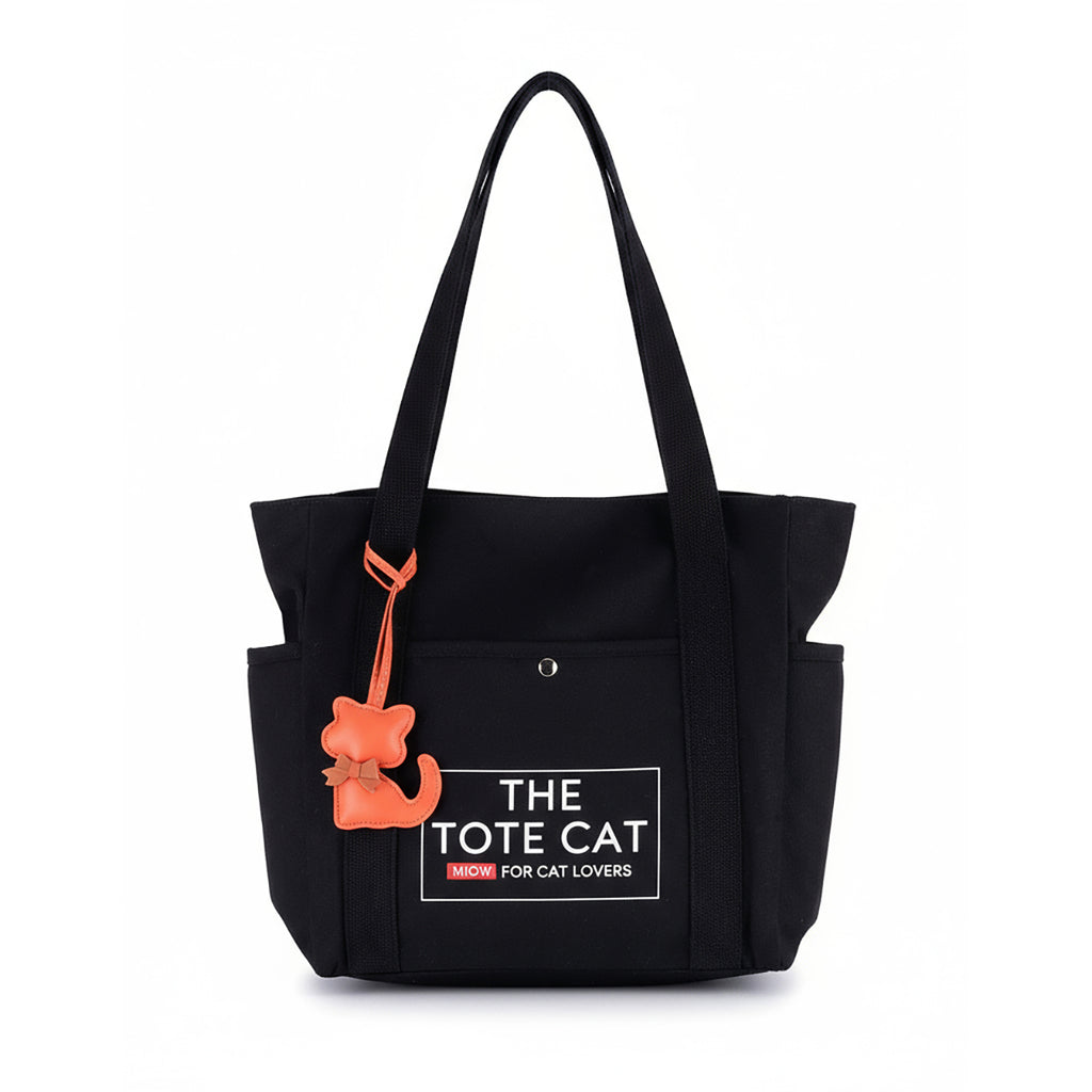 Tote Bag - The Tote Cat Miow En Lona Natural Negra