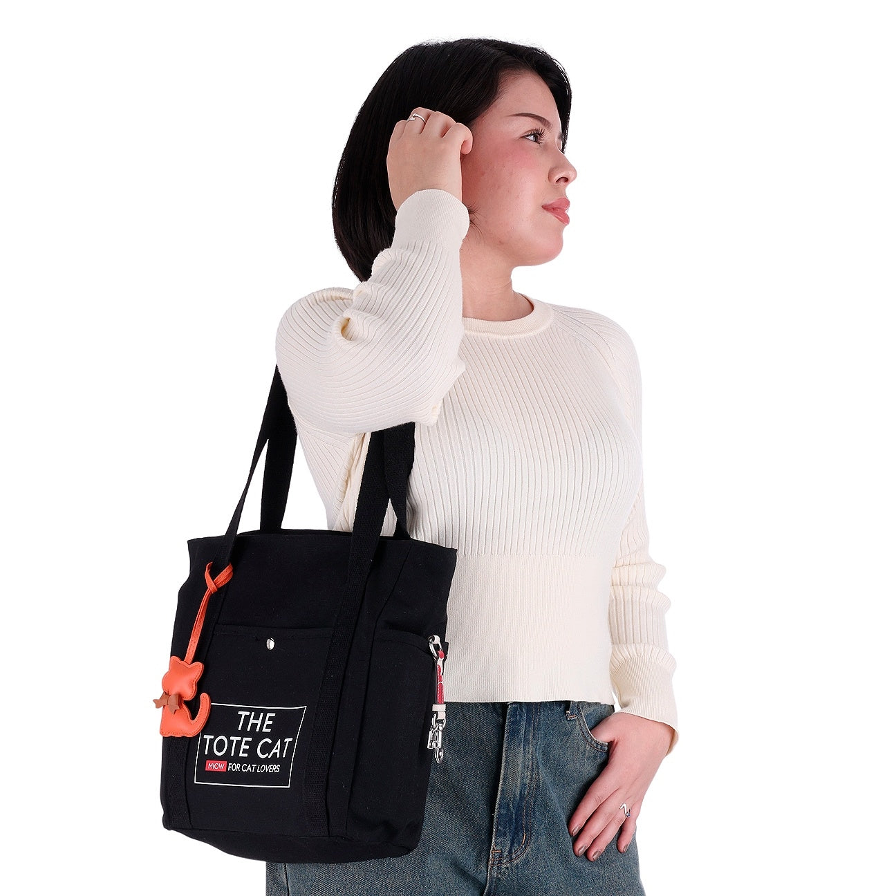 Tote Bag - The Tote Cat Miow En Lona Natural Negra