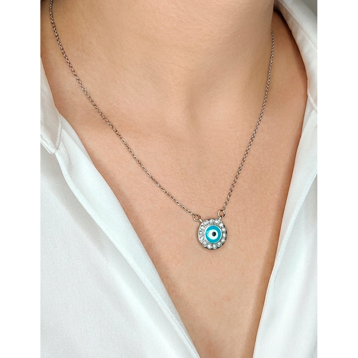 Collar Ojo Turco Con Brillantes, Acero Inoxidable, Glam Pop Fantasy
