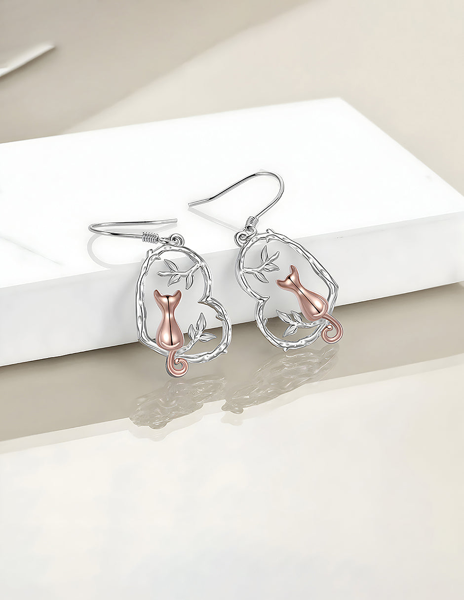 Aretes de Plata .925, Cat Branch Heart, Miow