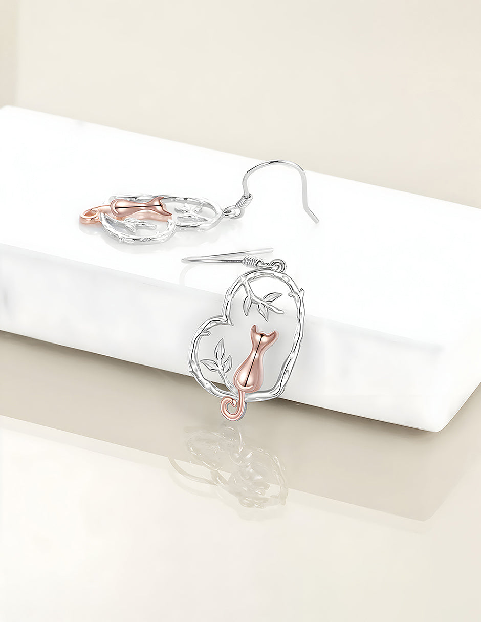 Aretes de Plata .925, Cat Branch Heart, Miow