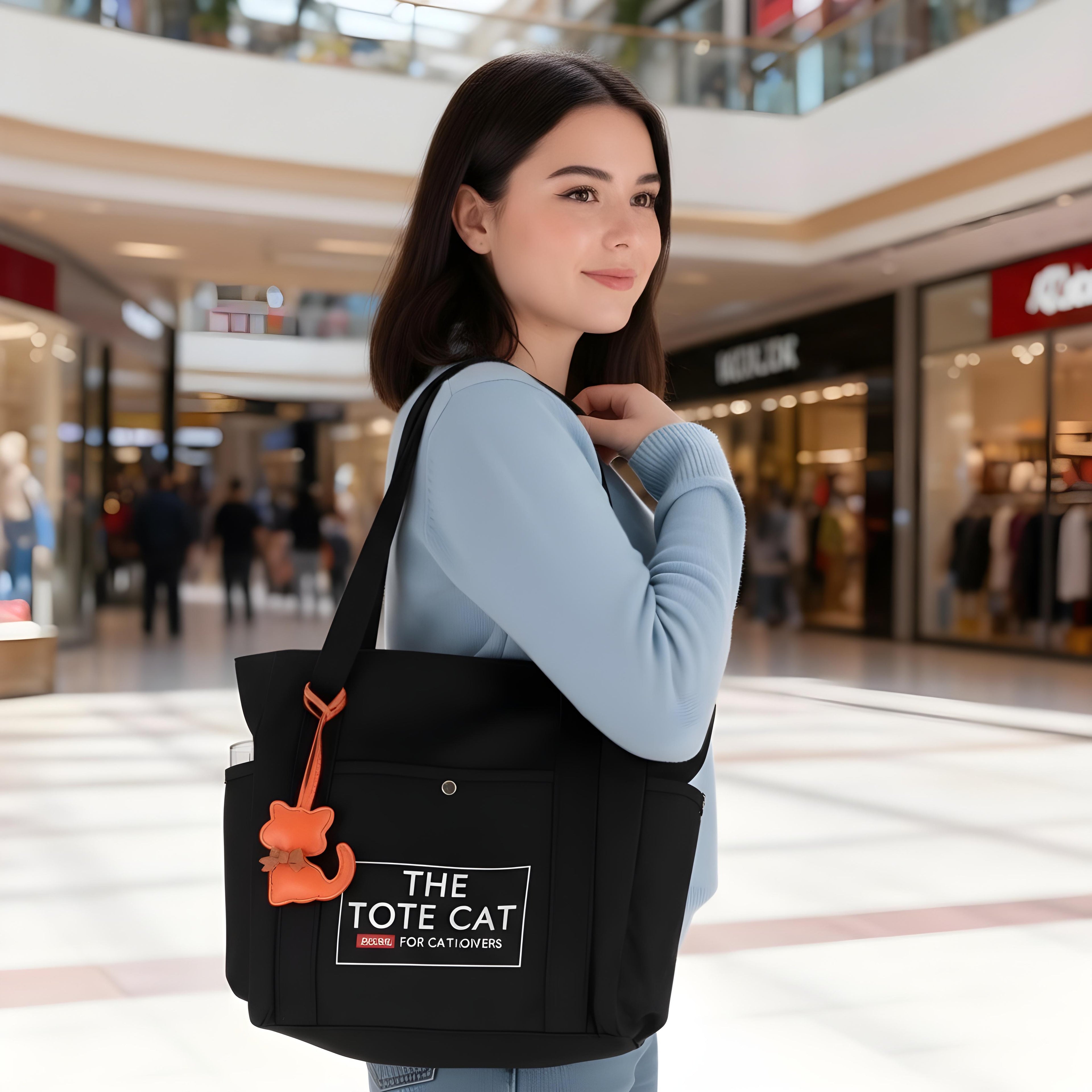 Tote Bag - The Tote Cat Miow En Lona Natural Negra