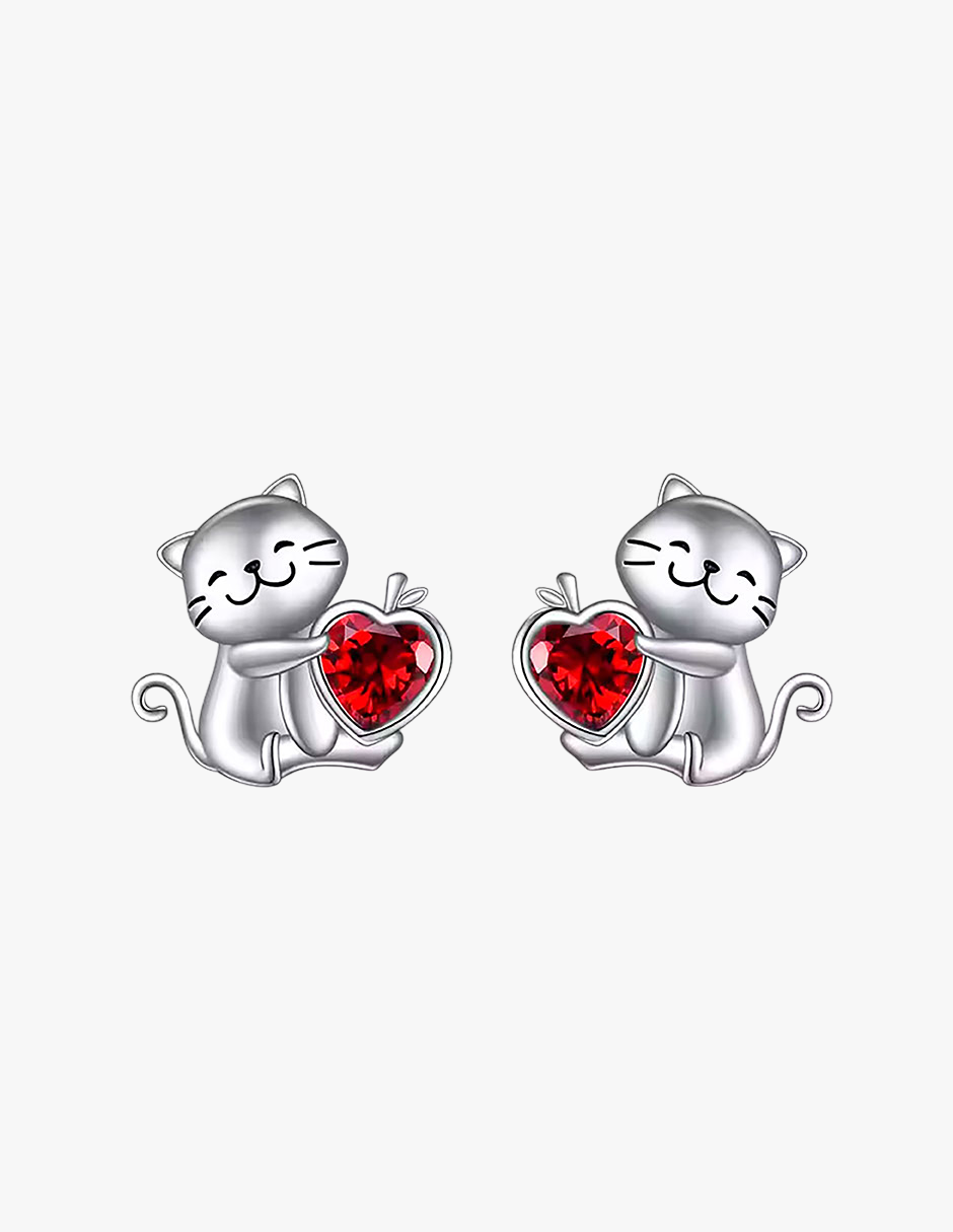 Aretes de Plata .925, Cat In Love Hearts, Miow
