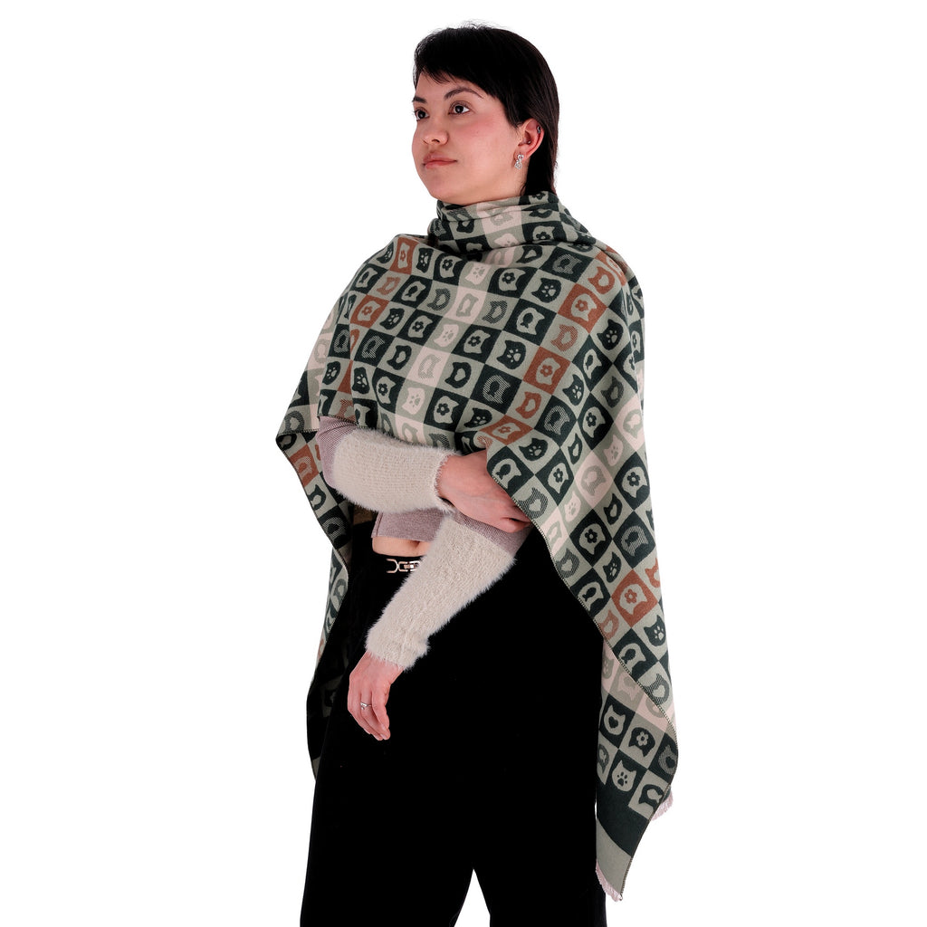 Chal de Cachemira, Serial Cats Verde/Beige, Miow