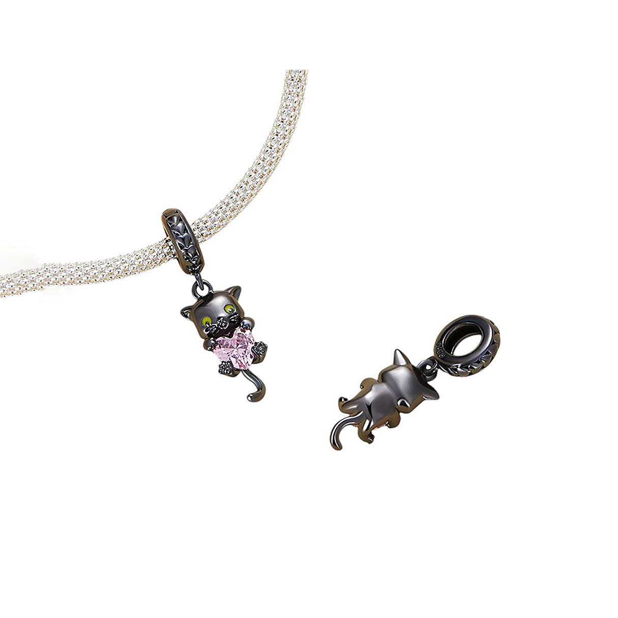 Charm de Plata .925, Pink Heart Kitten, Miow