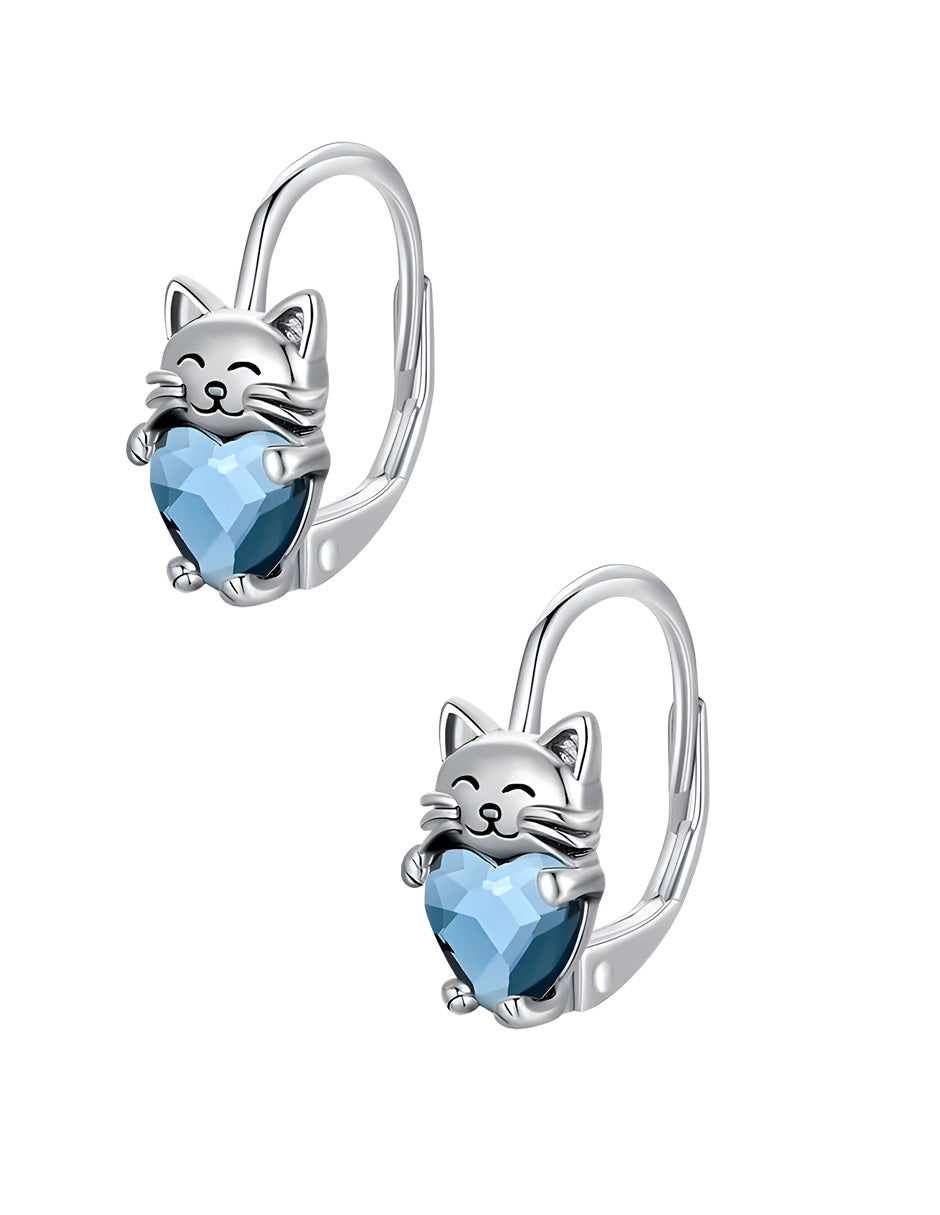 Aretes de Plata .925, Blue Heart Cat, Miow