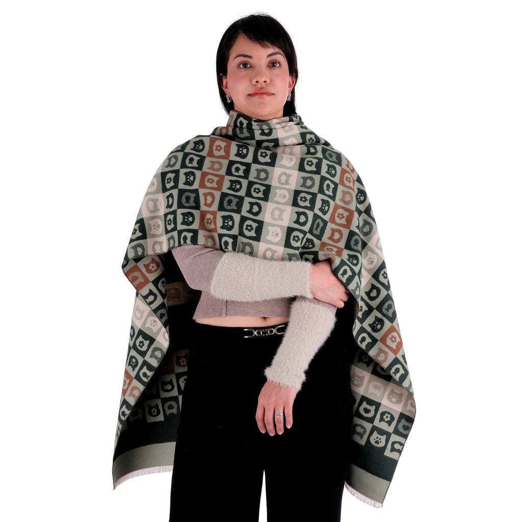 Chal de Cachemira, Serial Cats Verde/Beige, Miow