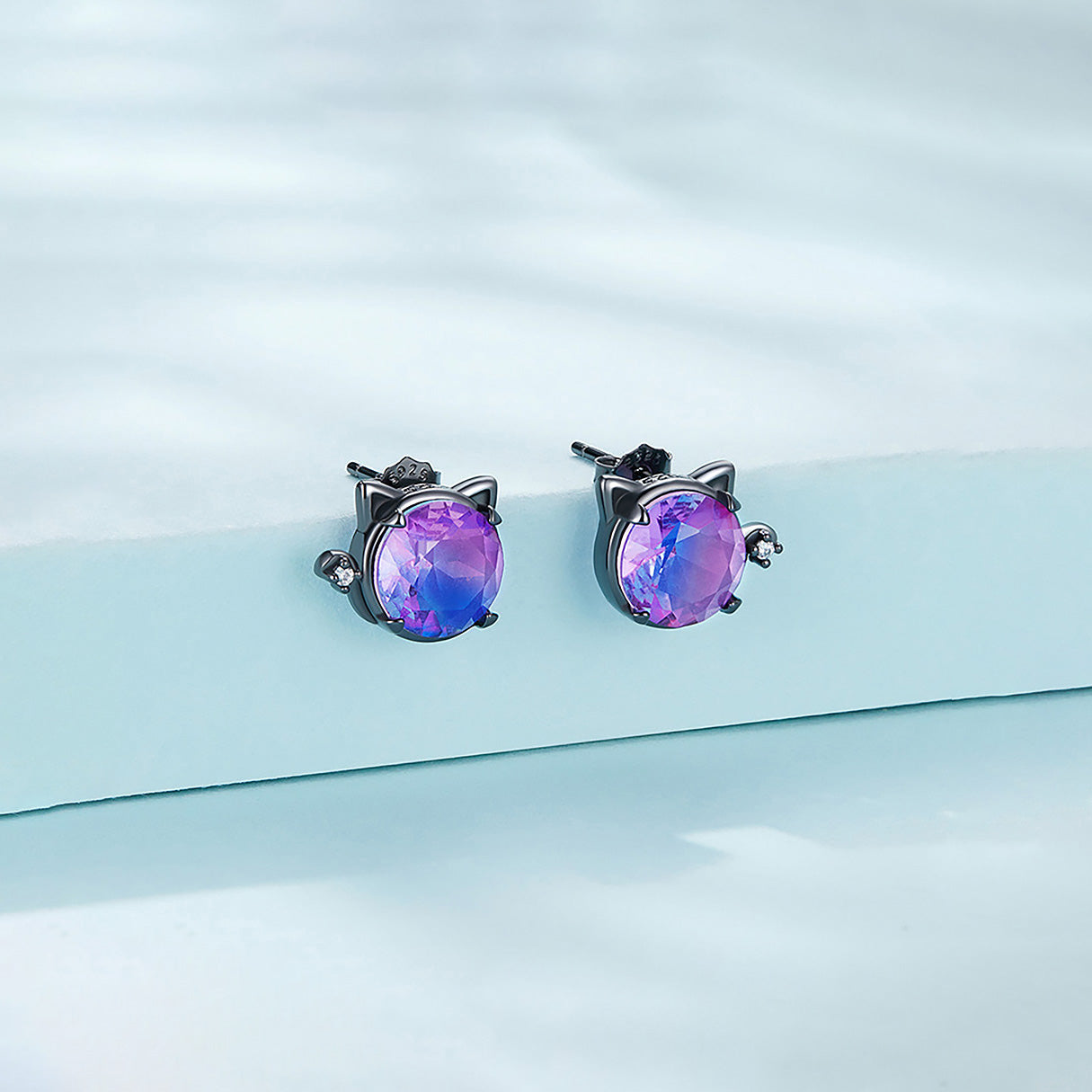Aretes de Plata .925, Black Shiny Cats, Miow