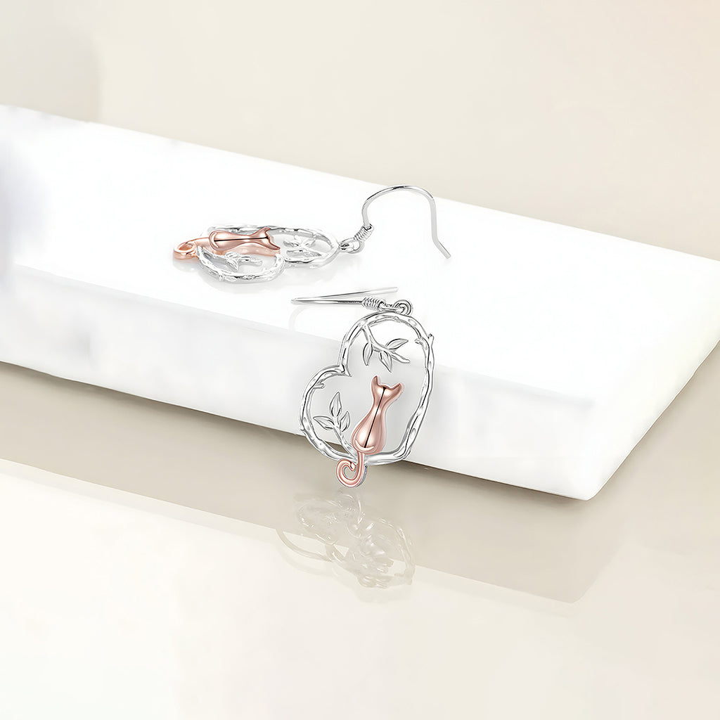 Aretes de Plata .925, Cat Branch Heart, Miow