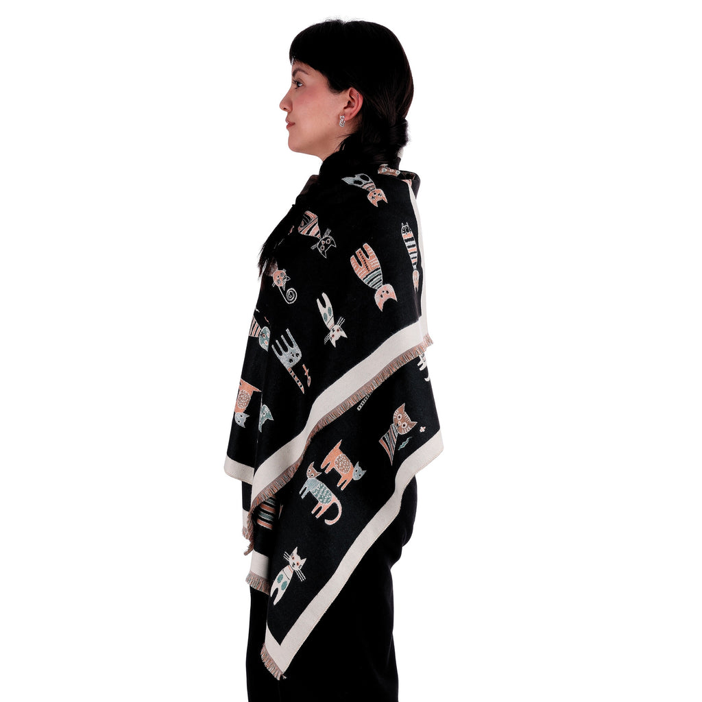 Chal de Cachemira, Knitted Cats Negro, Miow