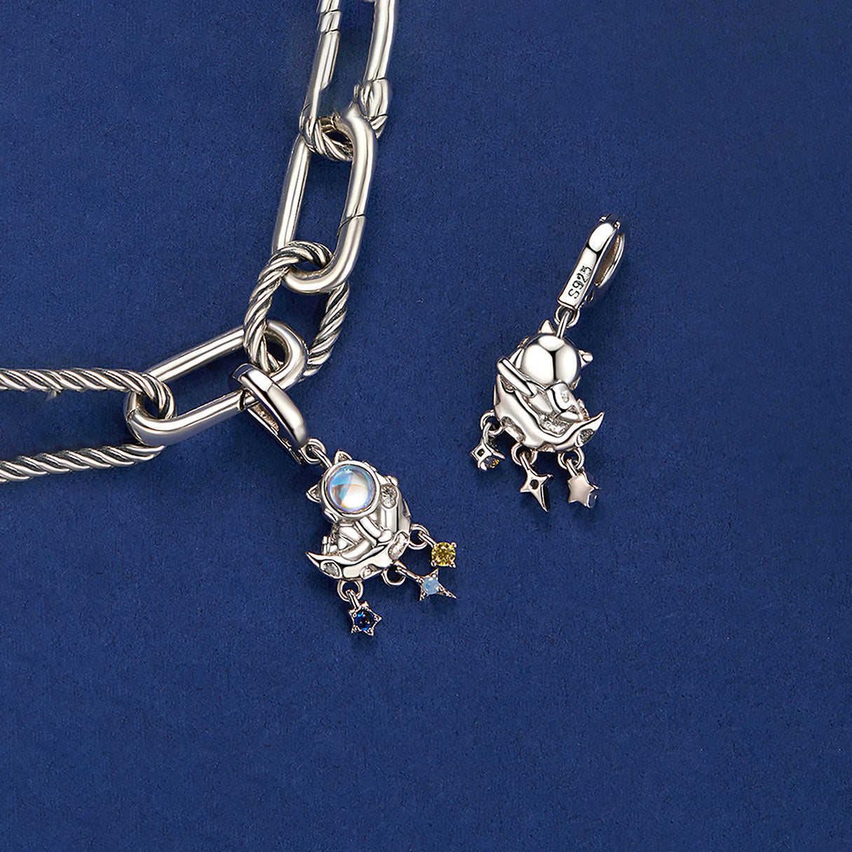 Charm de Plata .925, Astronaut Cat With Stars, Miow